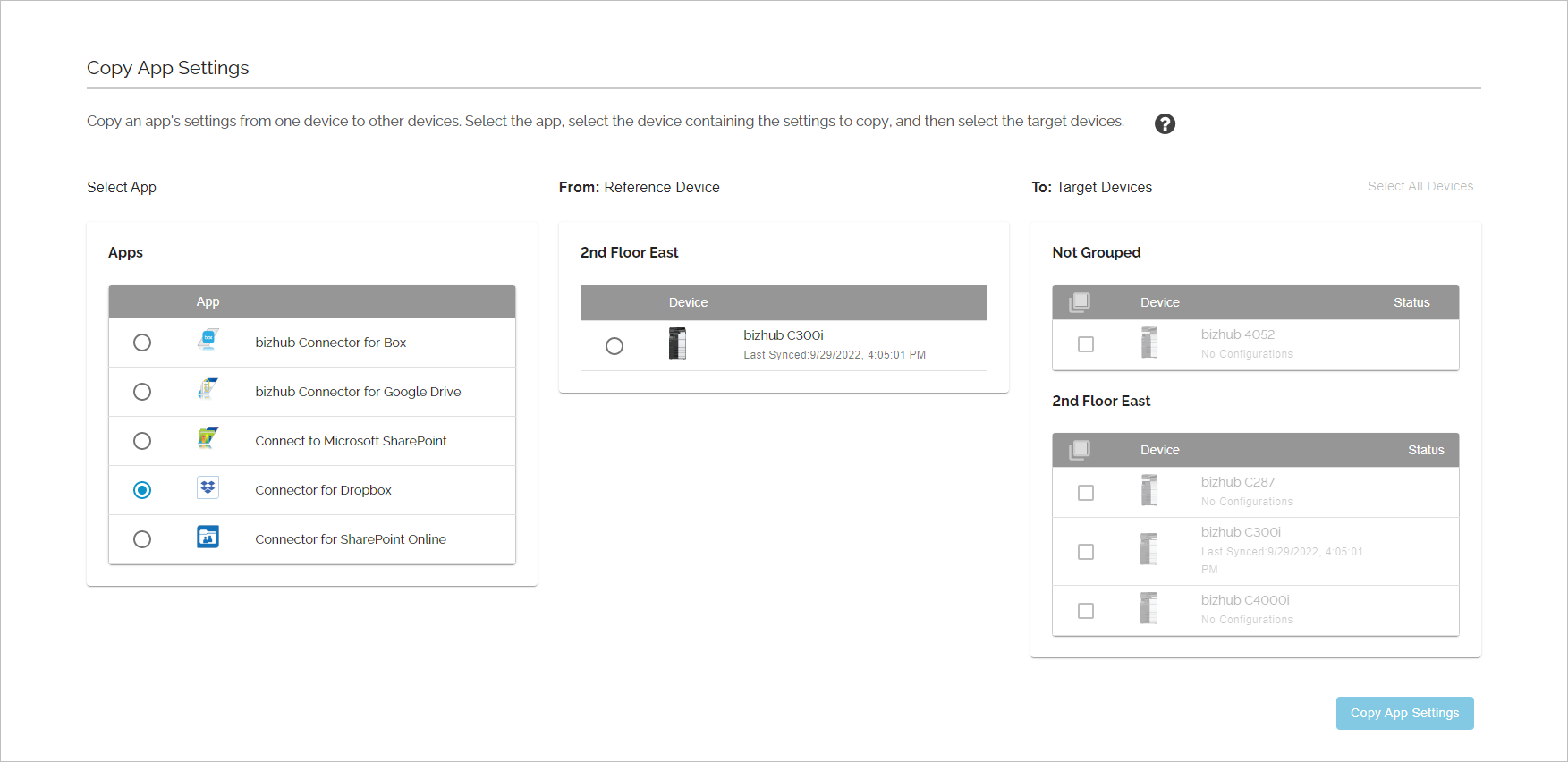 Copy App Settings page